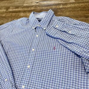 Polo Ralph Lauren Shirt Mens XL Blue Pink Stretch Plaid Cotton Button Down Pony